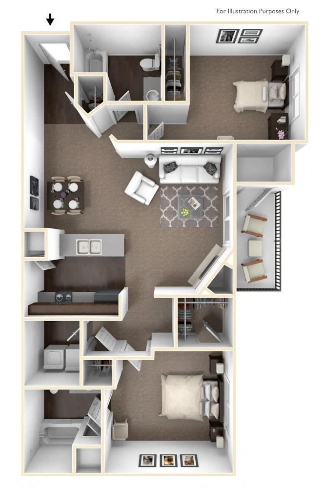 Floor plan for 2 beds, 2 baths, 1088 sqft